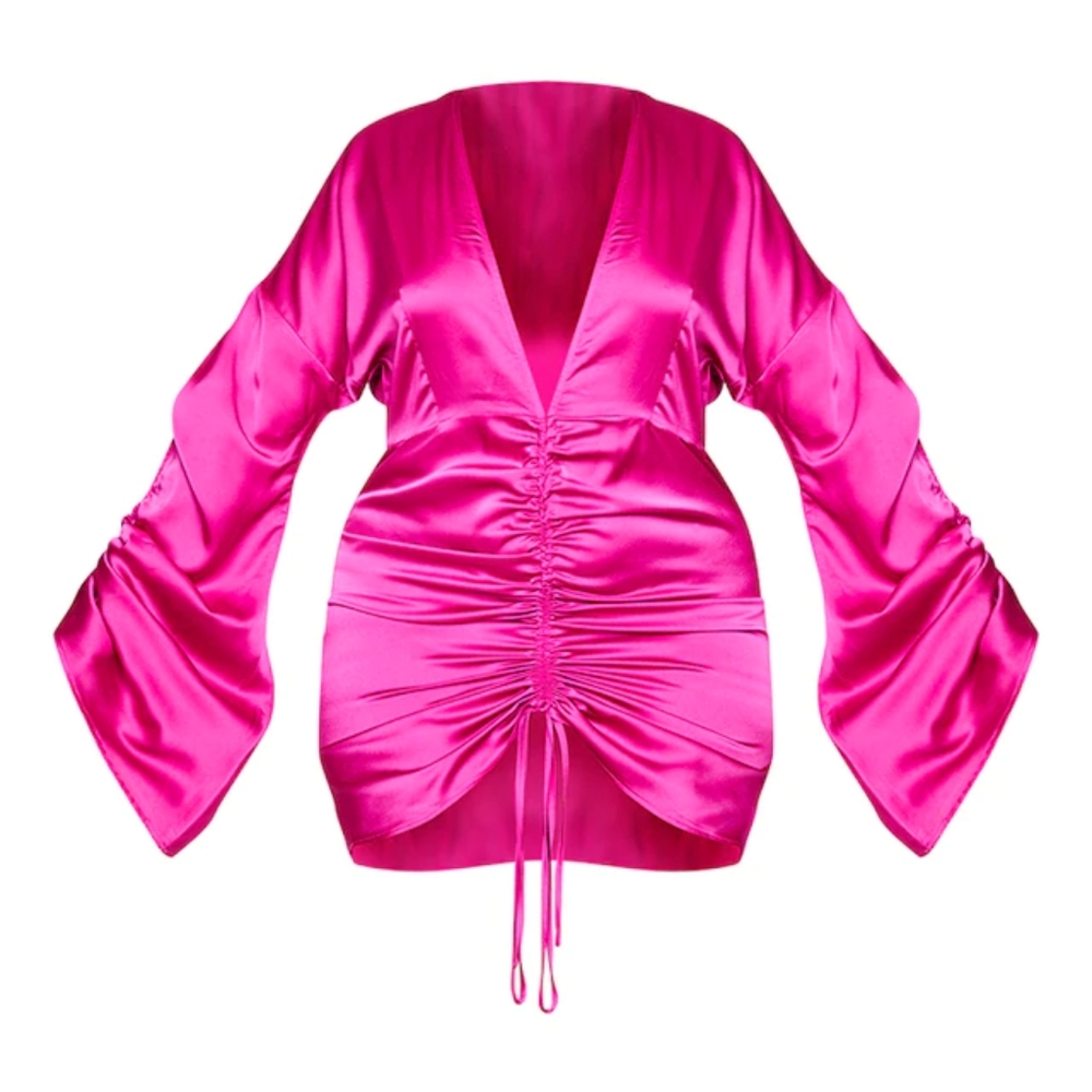 Fuschia Satin Plunge Ruched Dress